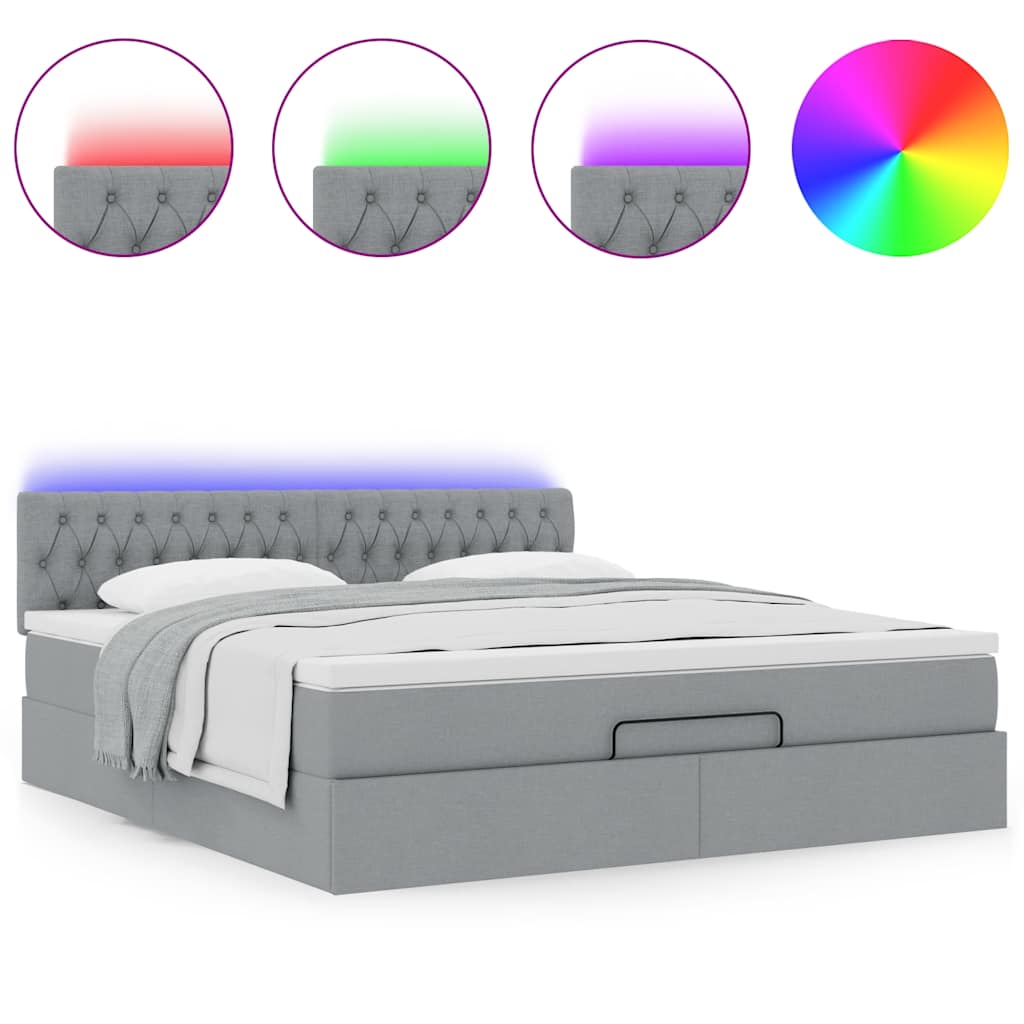 vidaXL Οθωμανικό κρεβάτι με στρώμα&LEDs Ανοιχτό γκρι 180x200cm ύφασμα