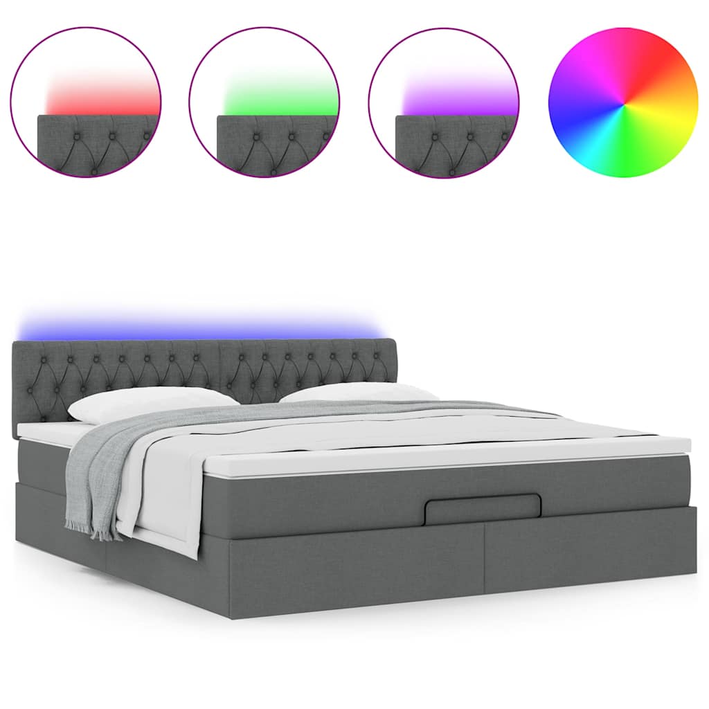 vidaXL Οθωμανικό κρεβάτι με στρώμα & LEDs Σκούρο γκρι 180x200cm ύφασμα
