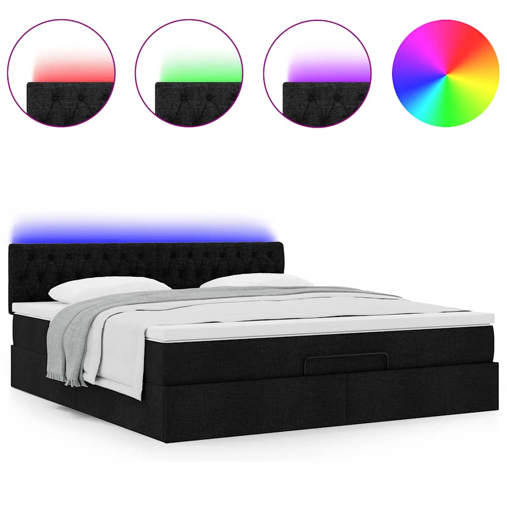 vidaXL Οθωμανικό κρεβάτι με στρώμα & LEDs Μαύρο ύφασμα 180x200cm