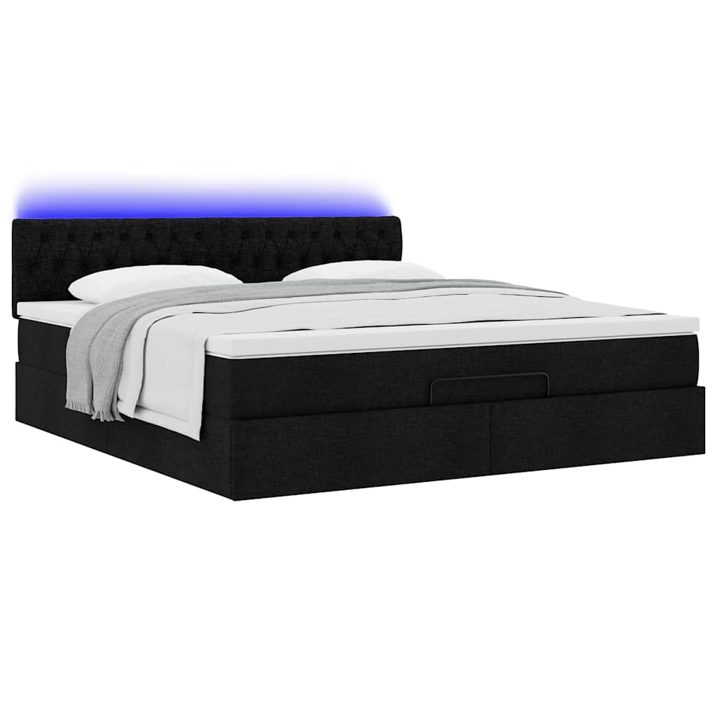 vidaXL Οθωμανικό κρεβάτι με στρώμα & LEDs Μαύρο ύφασμα 180x200cm