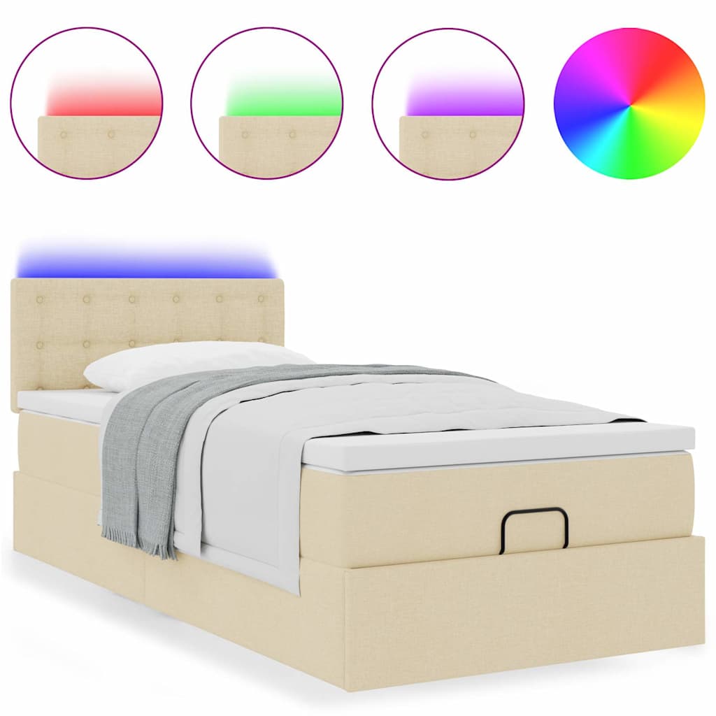 vidaXL Οθωμανικό κρεβάτι με στρώμα & LEDs Cream 90x190cm ύφασμα