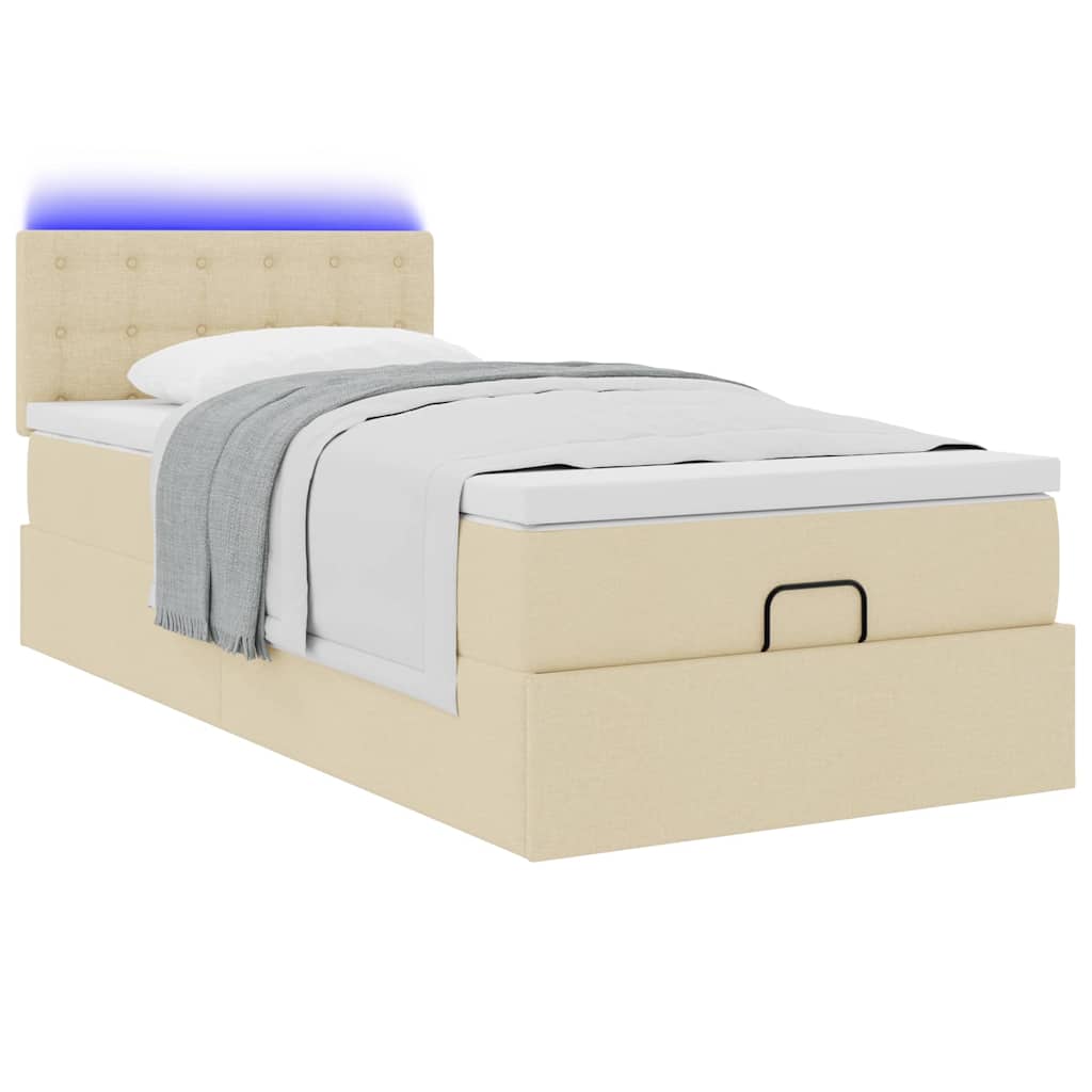 vidaXL Οθωμανικό κρεβάτι με στρώμα & LEDs Cream 90x190cm ύφασμα