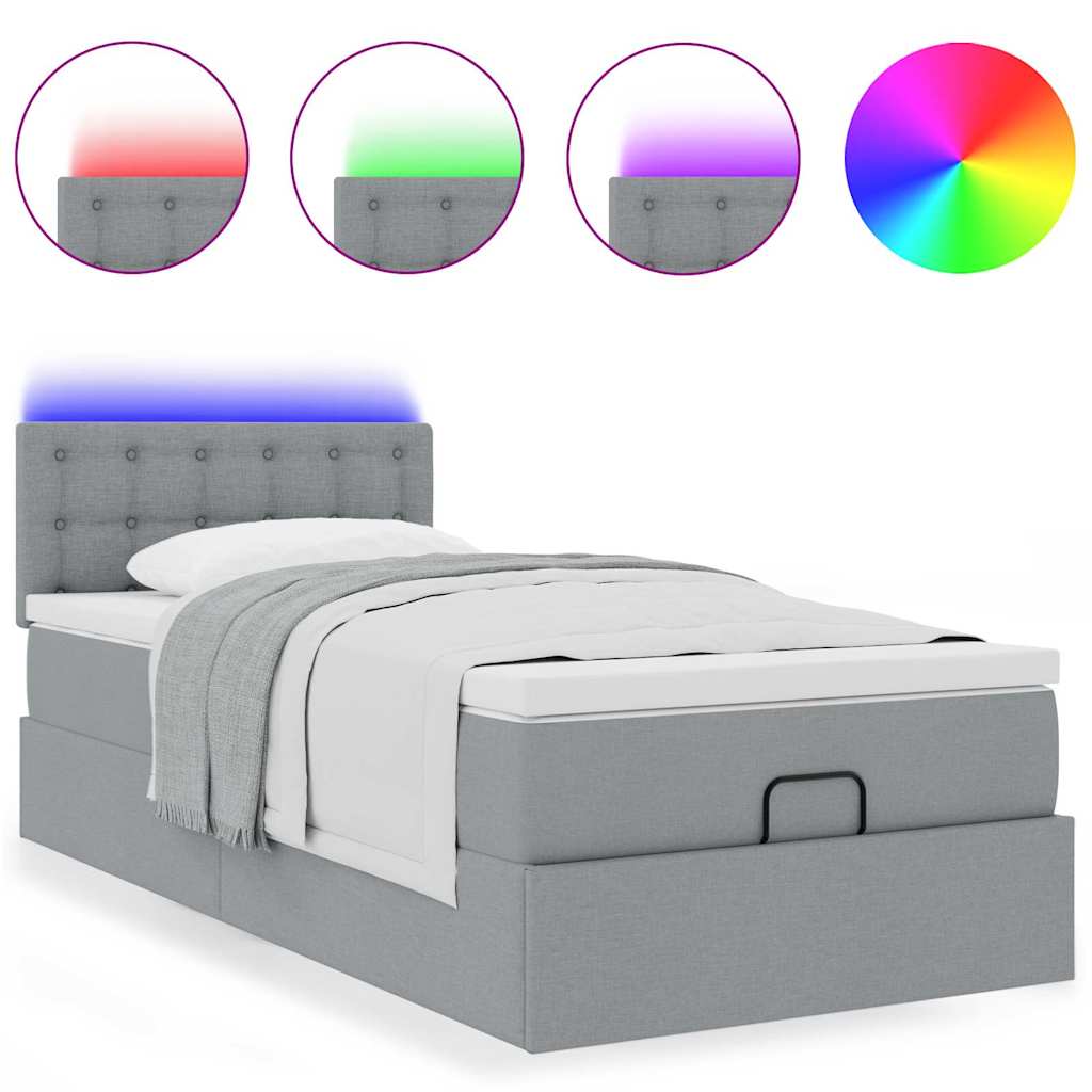 vidaXL Οθωμανικό κρεβάτι με στρώμα & LEDs Ανοιχτό γκρι 90x200cm Ύφασμα
