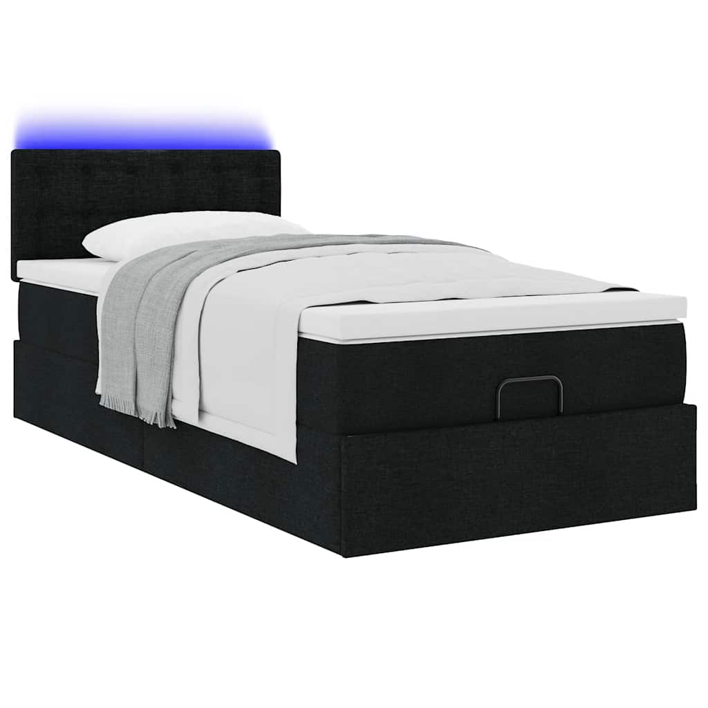 vidaXL Οθωμανικό κρεβάτι με στρώμα & LEDs Μαύρο 90x200 cm Ύφασμα