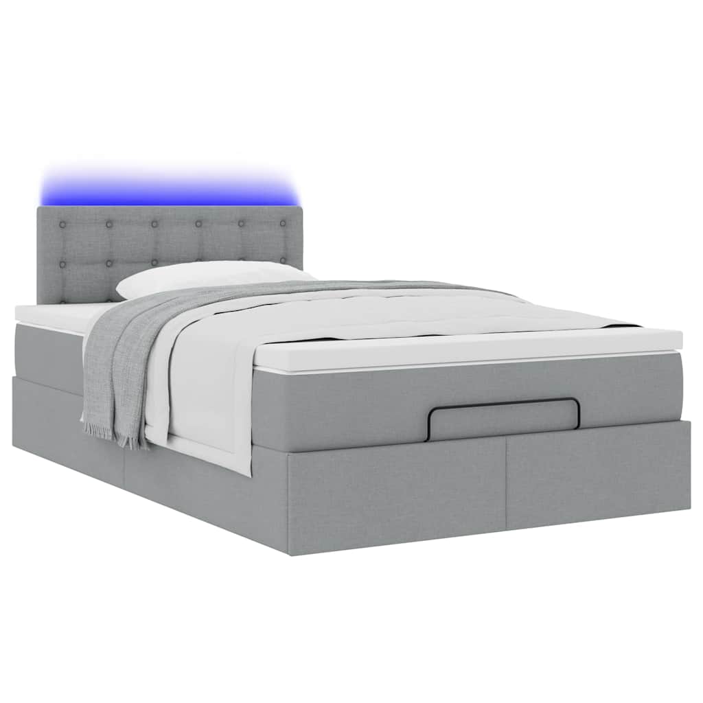 vidaXL Οθωμανικό κρεβάτι με στρώμα & LEDs Ανοιχτό γκρι Ύφασμα
