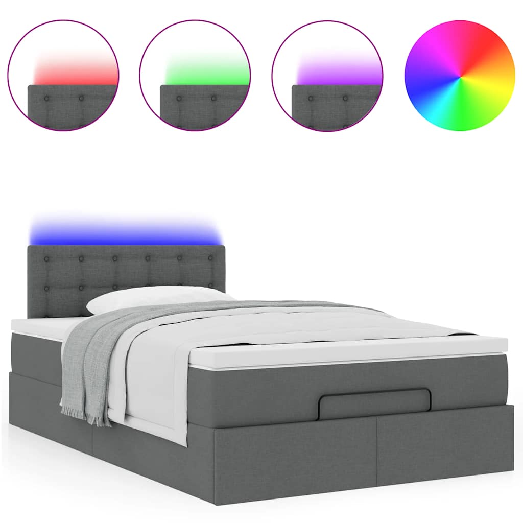 vidaXL Οθωμανικό κρεβάτι με στρώμα & LEDs Σκούρο γκρι 120x200cm Ύφασμα