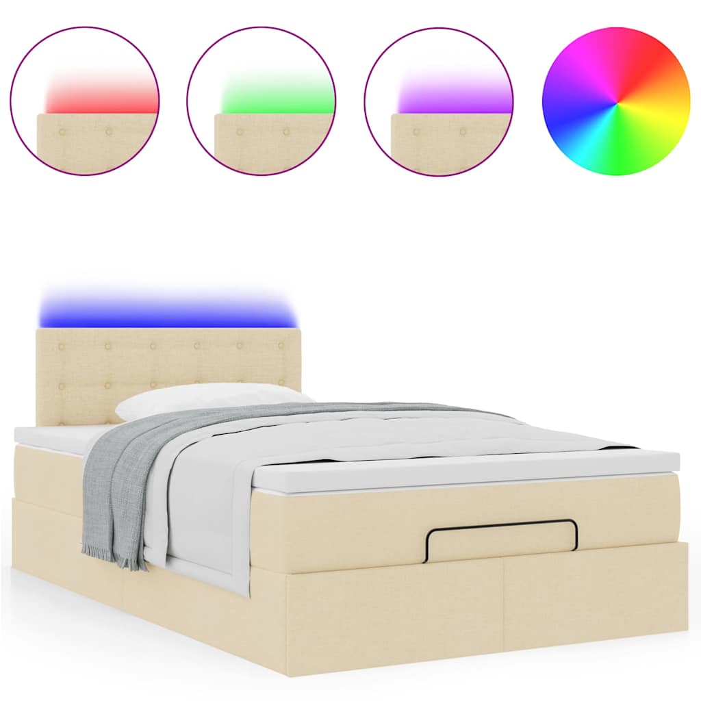 vidaXL Οθωμανικό κρεβάτι με στρώμα & LEDs Cream 120x200cm ύφασμα