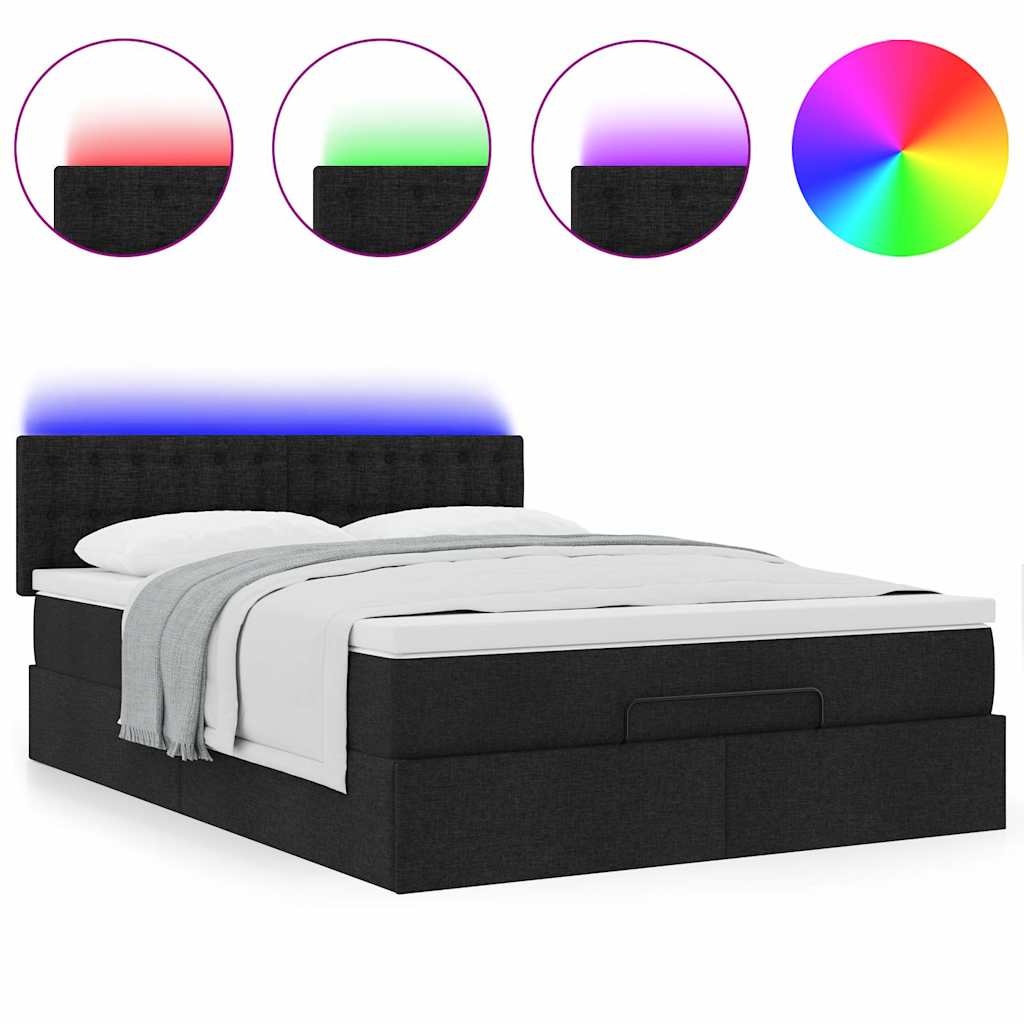 vidaXL Οθωμανικό κρεβάτι με στρώμα & LEDs Μαύρο 140x200 cm Ύφασμα