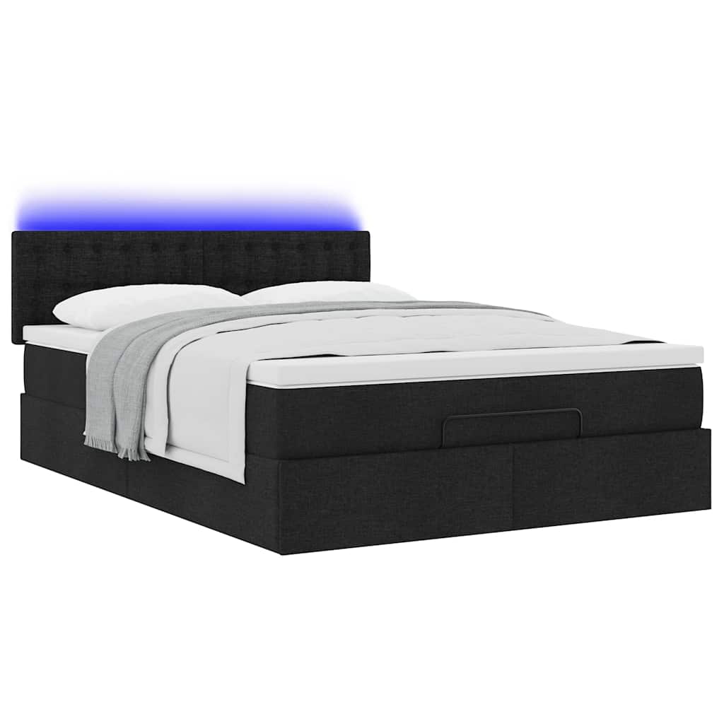 vidaXL Οθωμανικό κρεβάτι με στρώμα & LEDs Μαύρο 140x200 cm Ύφασμα