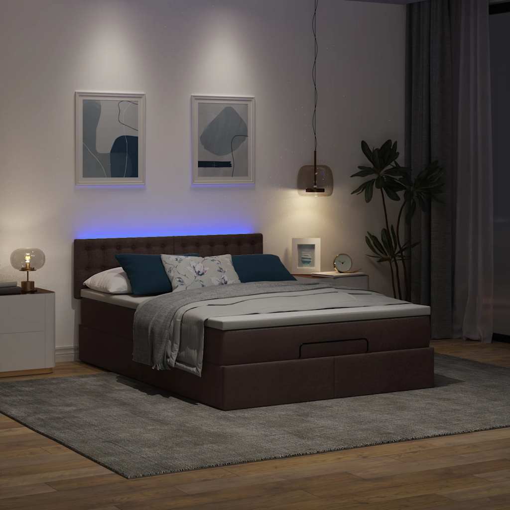 vidaXL Οθωμανικό κρεβάτι με στρώμα & LEDs Σκούρο καφέ 140x200cm ύφασμα