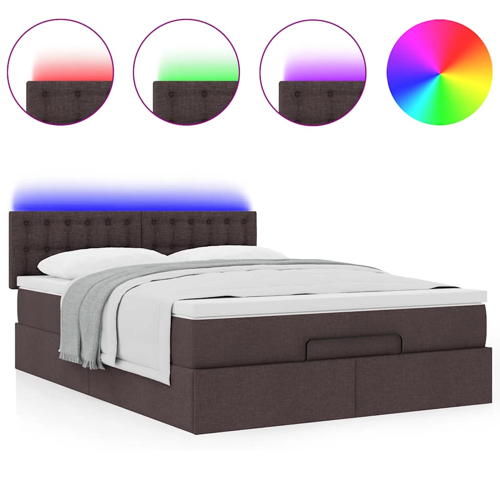 vidaXL Οθωμανικό κρεβάτι με στρώμα & LEDs Σκούρο καφέ 140x200cm ύφασμα