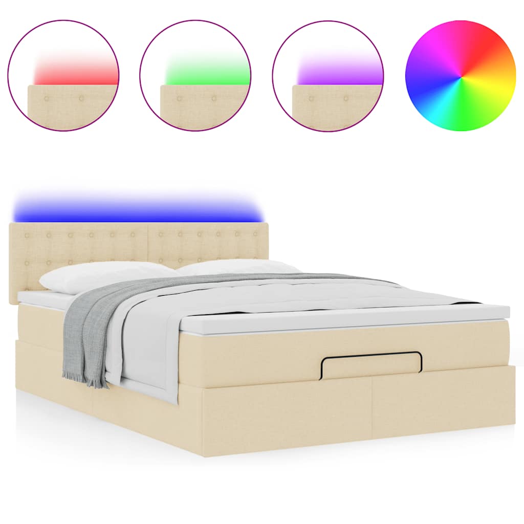 vidaXL Οθωμανικό κρεβάτι με στρώμα & LEDs Cream 140x200 cm Ύφασμα