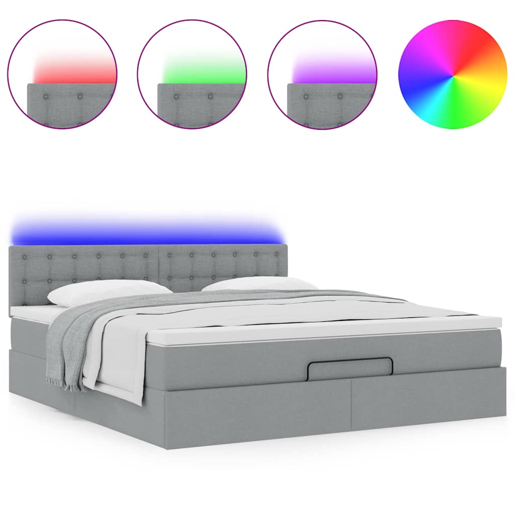 vidaXL Οθωμανικό κρεβάτι με στρώμα&LEDs Ανοιχτό γκρι 180x200cm ύφασμα