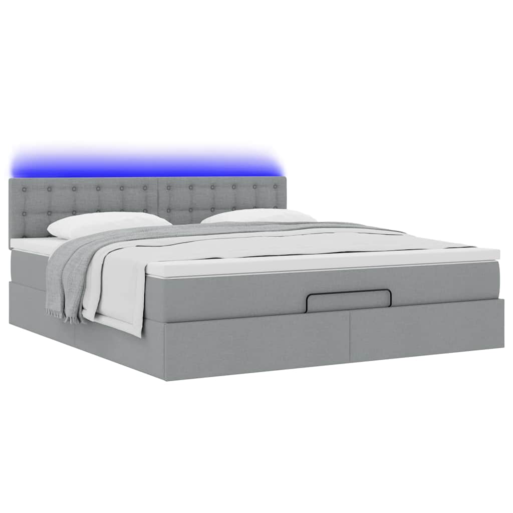 vidaXL Οθωμανικό κρεβάτι με στρώμα&LEDs Ανοιχτό γκρι 180x200cm ύφασμα