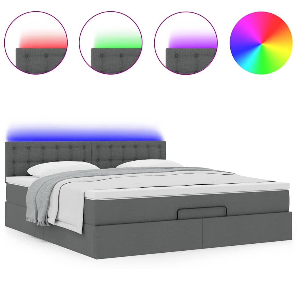 vidaXL Οθωμανικό κρεβάτι με στρώμα & LEDs Σκούρο γκρι 180x200cm ύφασμα