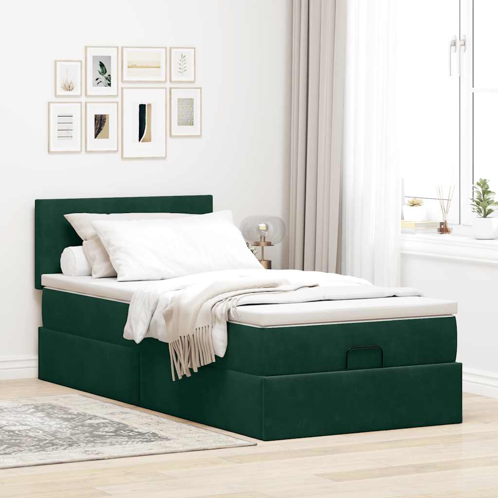 vidaXL Οθωμανικό κρεβάτι με στρώμα & LEDs Dark Green 80x200cm Velvet