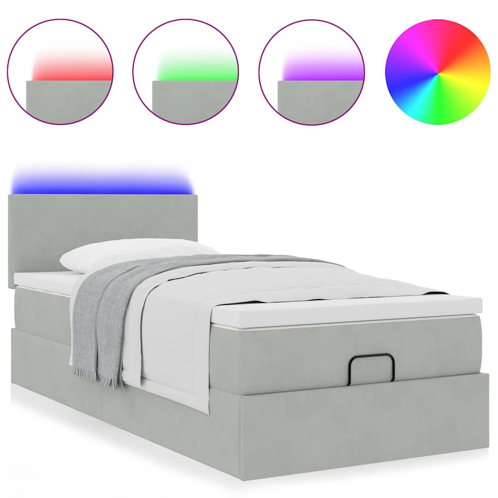 vidaXL Οθωμανικό κρεβάτι με στρώμα&LEDs Ανοιχτό γκρι 90x190cm Βελούδο