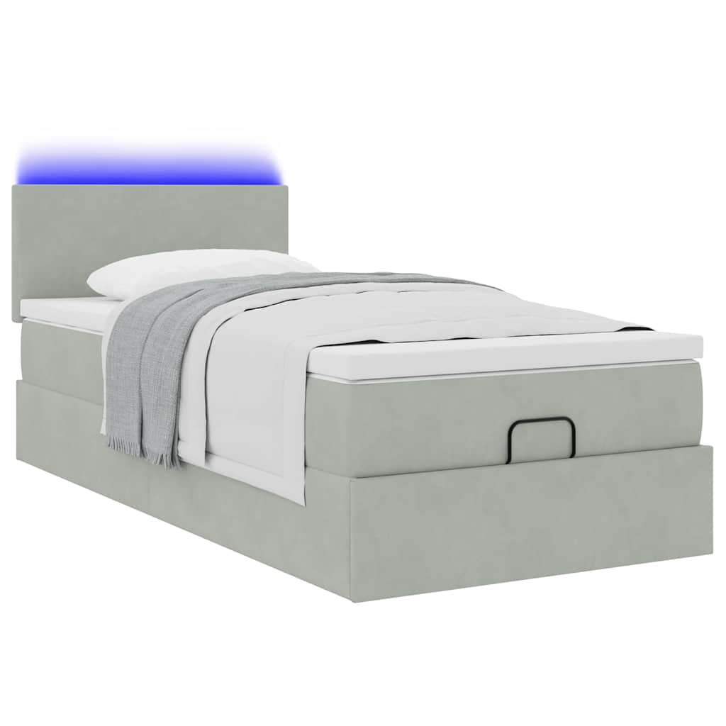 vidaXL Οθωμανικό κρεβάτι με στρώμα&LEDs Ανοιχτό γκρι 90x190cm Βελούδο