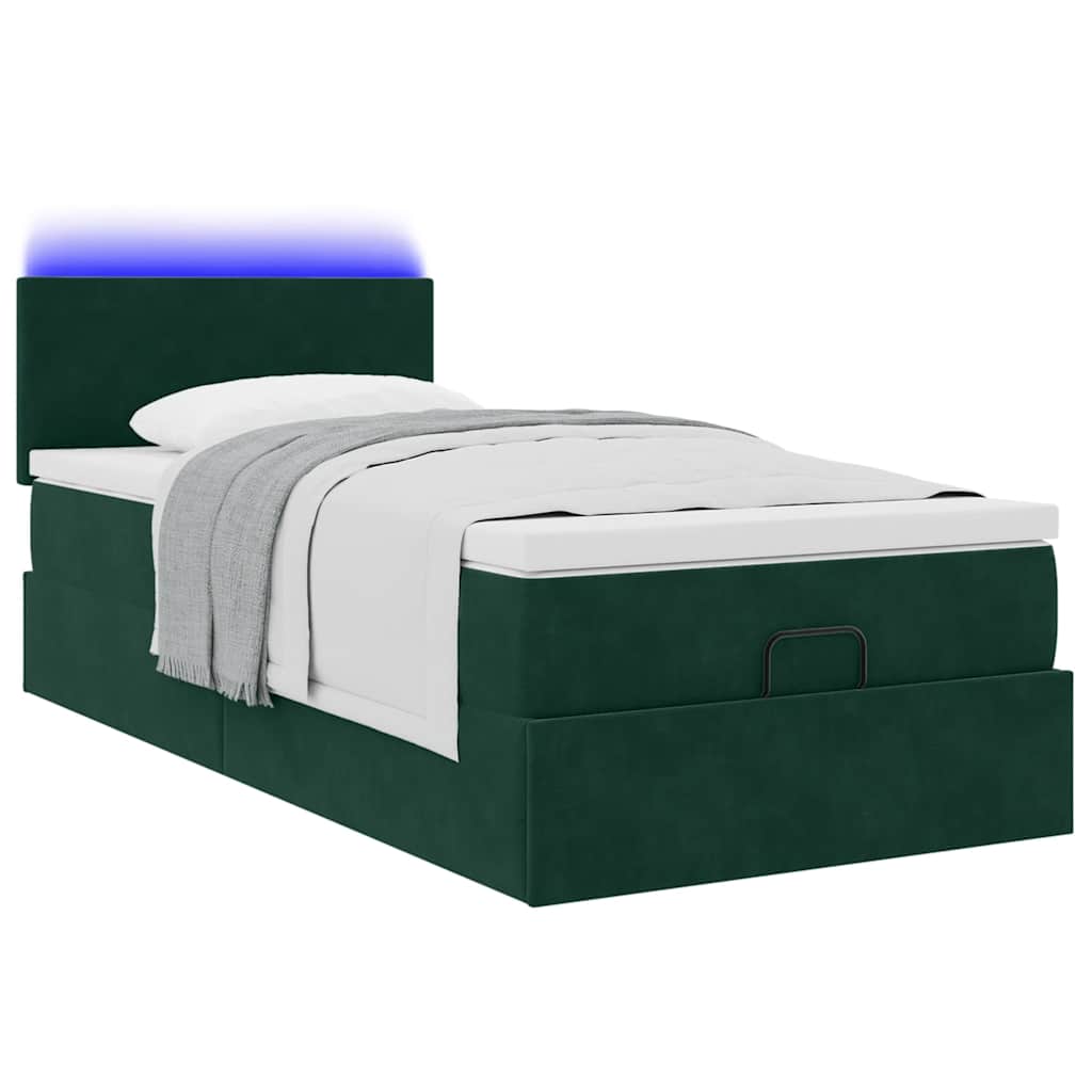 vidaXL Οθωμανικό κρεβάτι με στρώμα & LEDs Dark Green 90x190cm Velvet