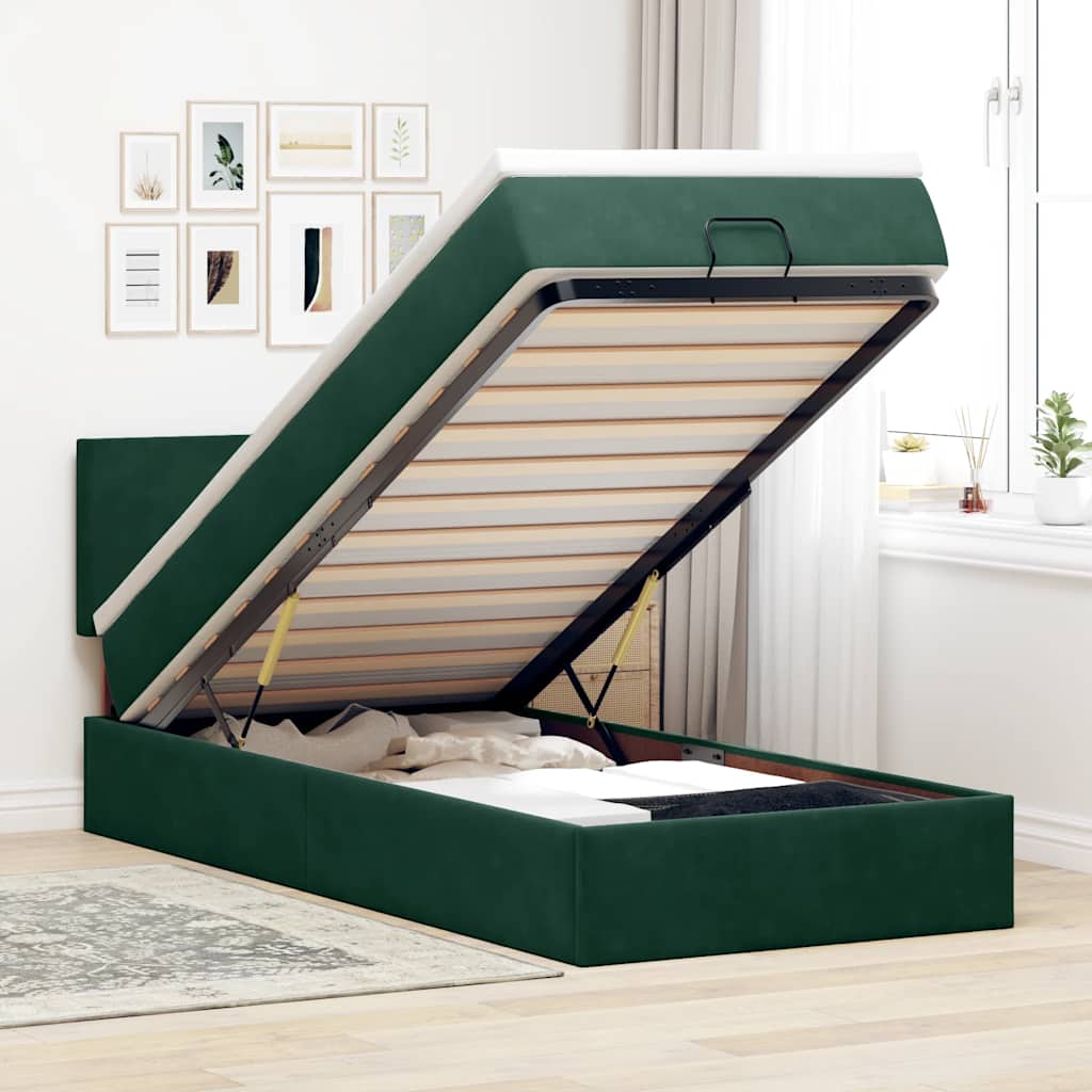 vidaXL Οθωμανικό κρεβάτι με στρώμα & LEDs Dark Green 90x190cm Velvet