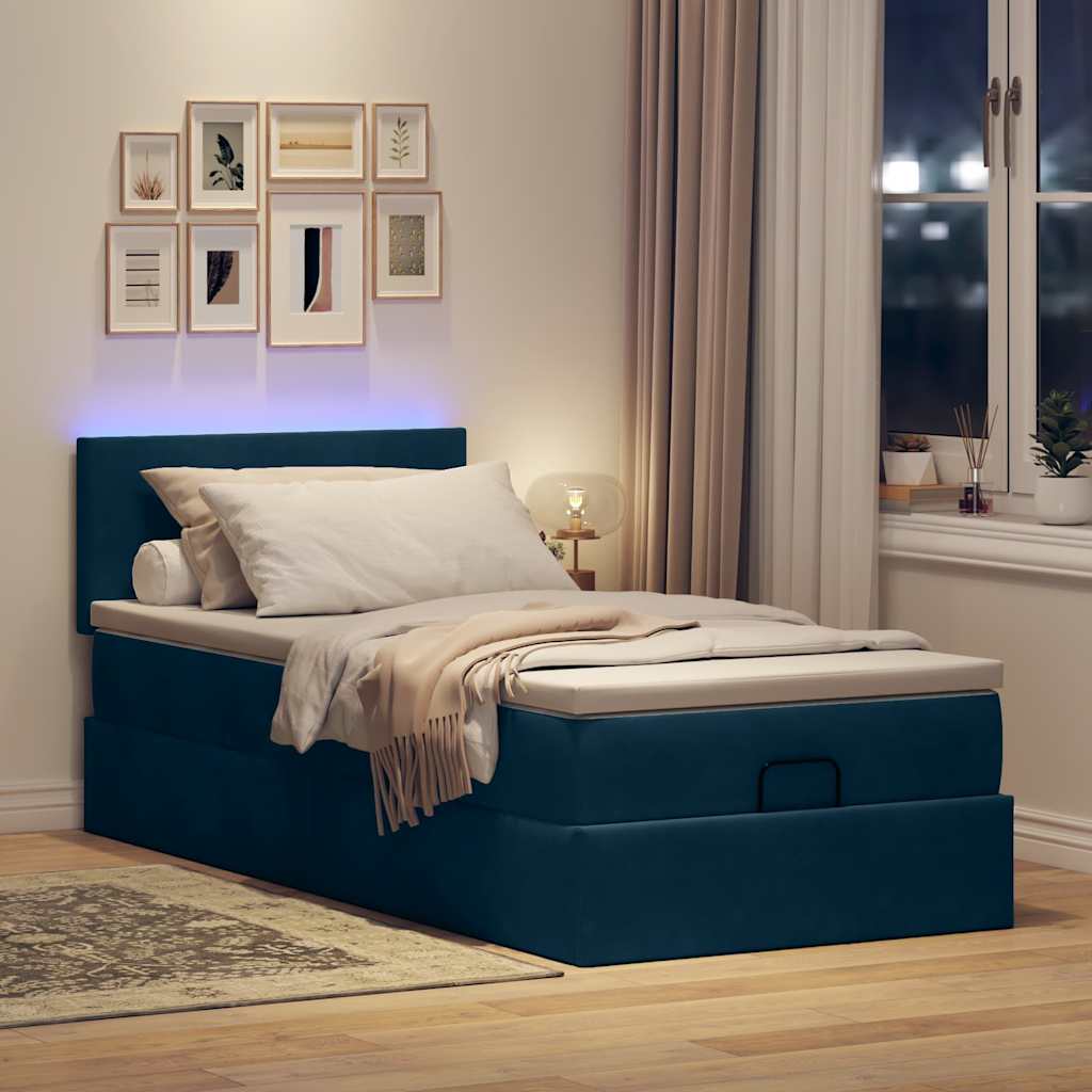 vidaXL Οθωμανικό κρεβάτι με στρώμα & LEDs Σκούρο μπλε 90x190cm Velvet