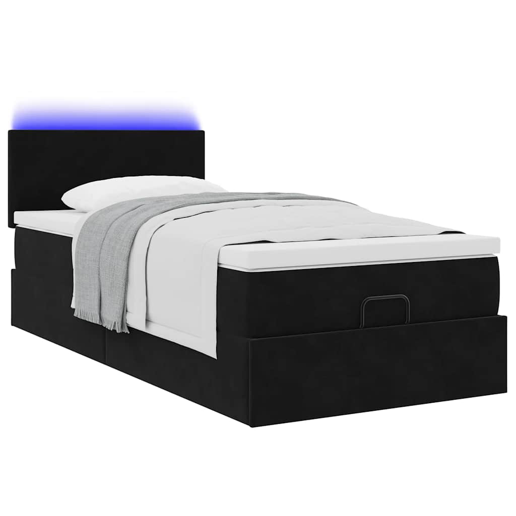 vidaXL Οθωμανικό κρεβάτι με στρώμα & LEDs Μαύρο 90x200cm Velvet