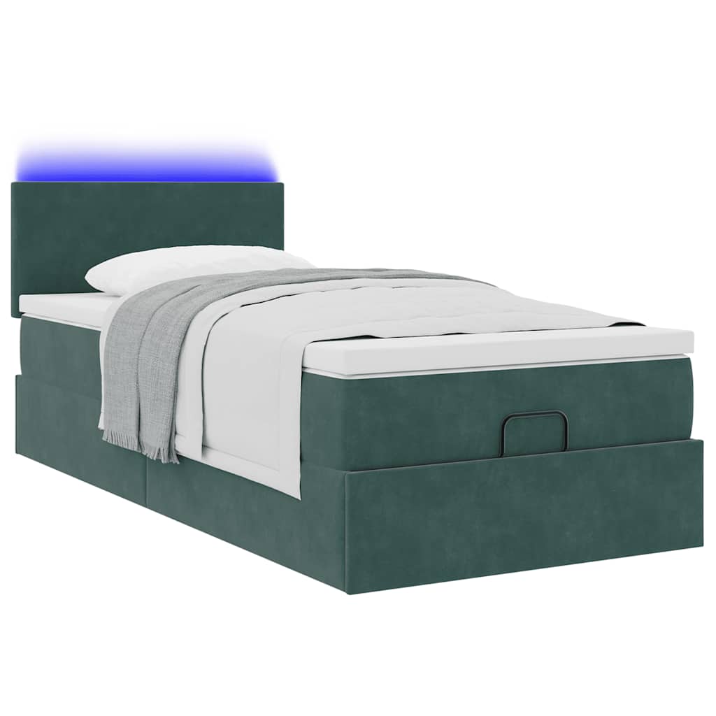 vidaXL Οθωμανικό κρεβάτι με στρώμα & LEDs Dark Green 90x200cm Velvet