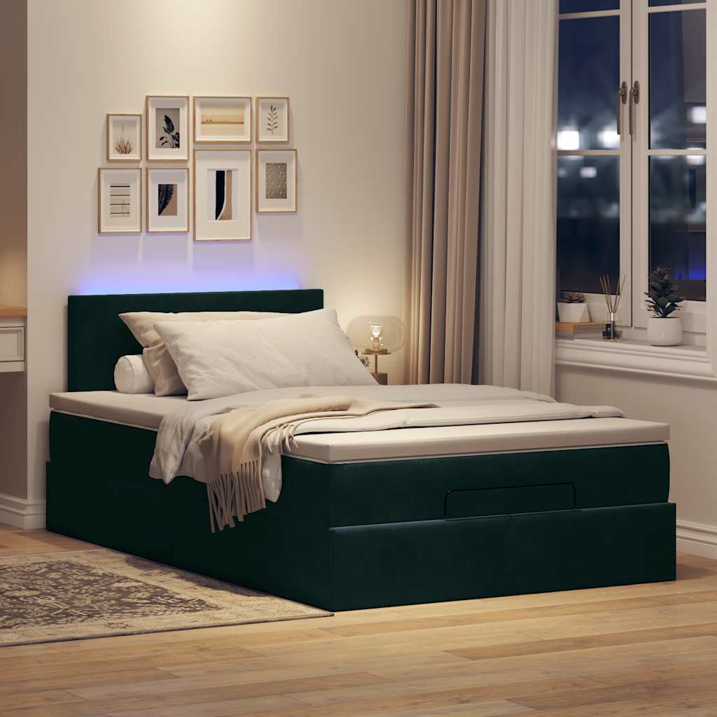 vidaXL Οθωμανικό κρεβάτι με στρώμα & LEDs Dark Green 120x190cm Velvet