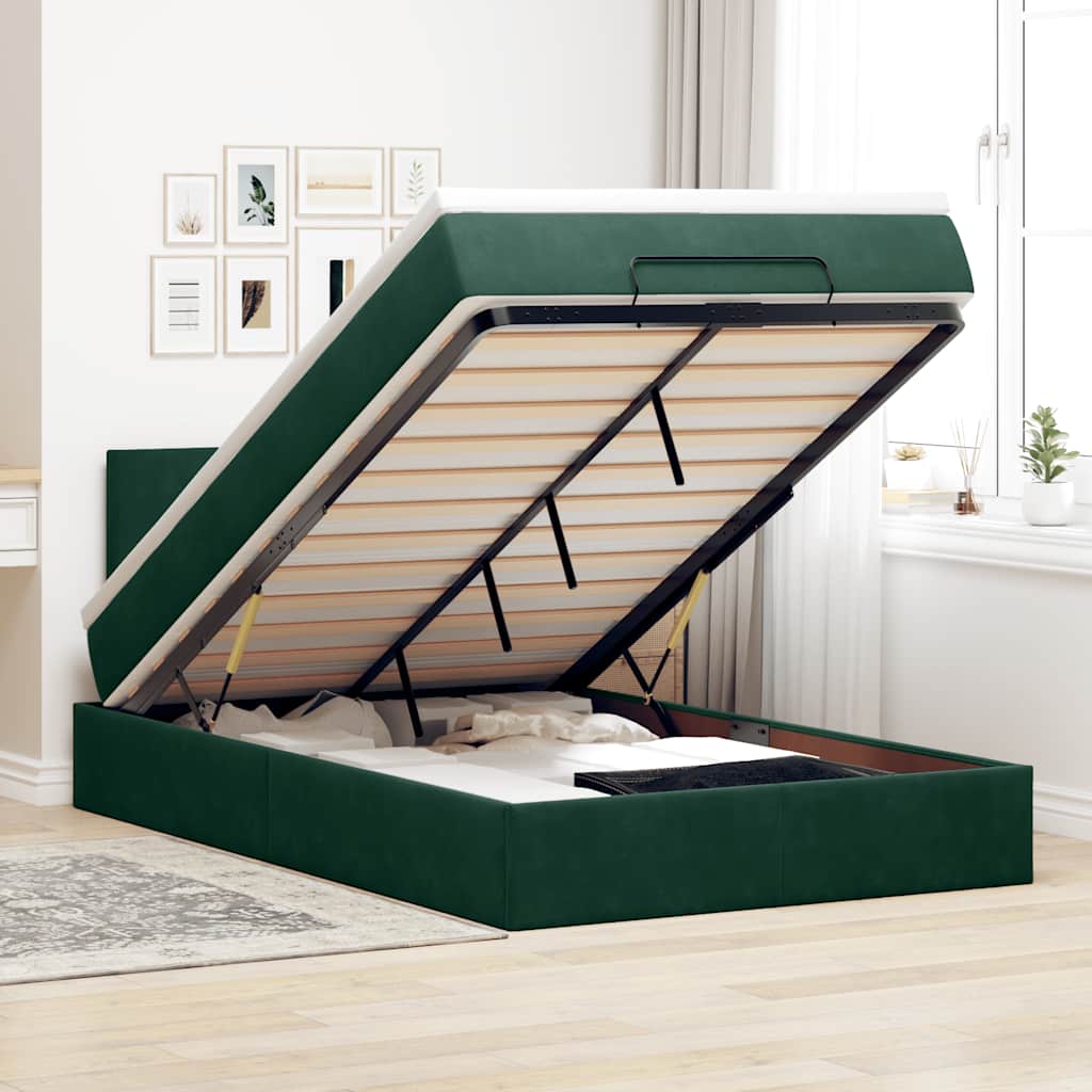 vidaXL Οθωμανικό κρεβάτι με στρώμα & LEDs Dark Green 120x200cm Velvet