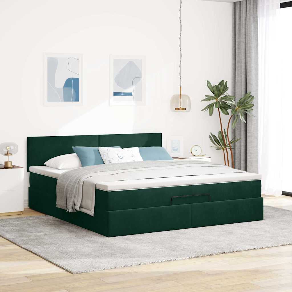 vidaXL Οθωμανικό κρεβάτι με στρώμα & LEDs Dark Green 180x200cm Velvet