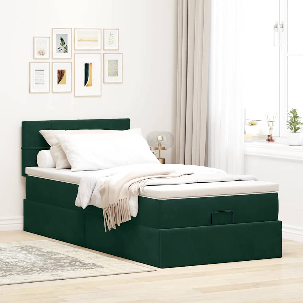 vidaXL Οθωμανικό κρεβάτι με στρώμα & LEDs Dark Green 80x200cm Velvet