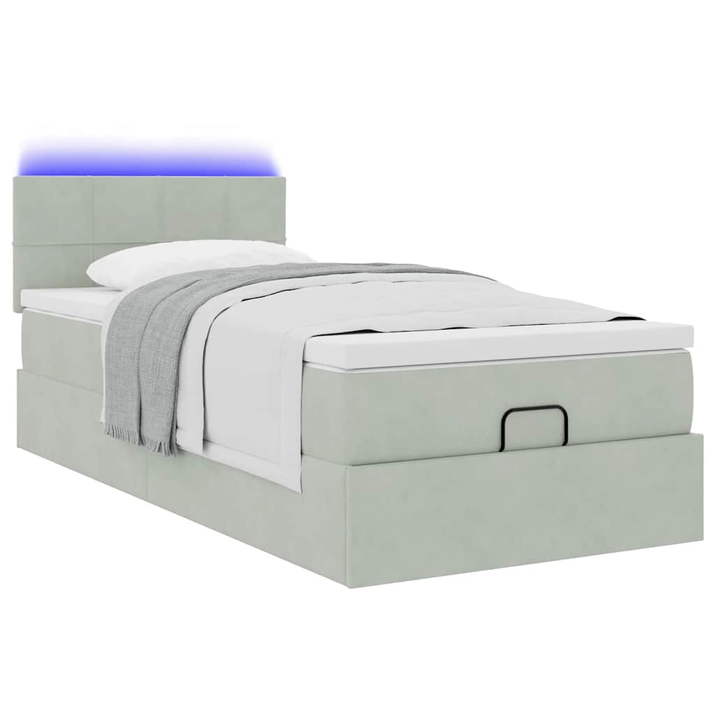 vidaXL Οθωμανικό κρεβάτι με στρώμα&LEDs Ανοιχτό γκρι 90x190cm Βελούδο