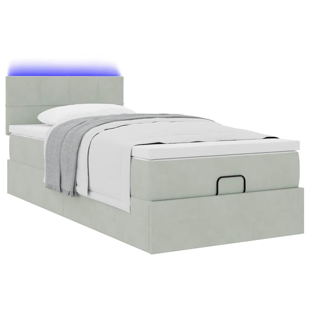 vidaXL Οθωμανικό κρεβάτι με στρώμα&LEDs Ανοιχτό γκρι 90x200cm Βελούδο