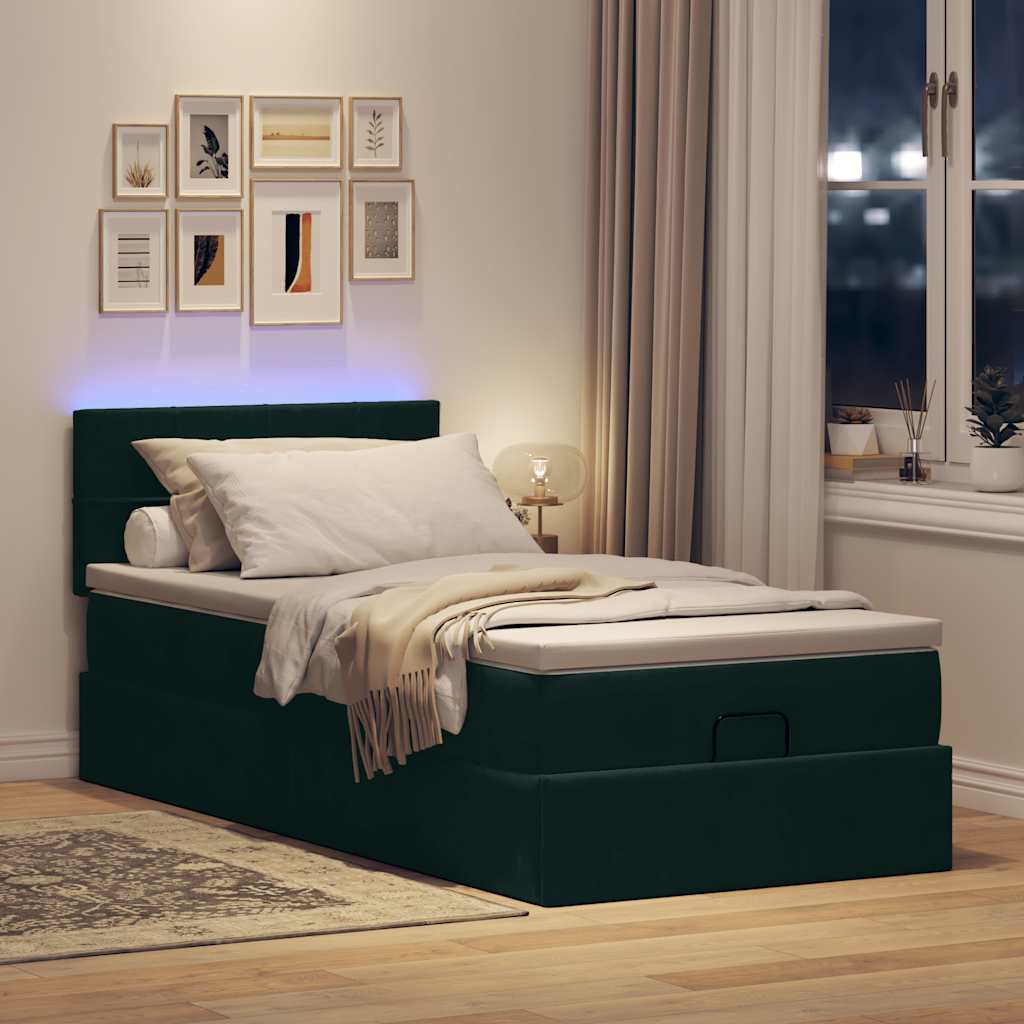 vidaXL Οθωμανικό κρεβάτι με στρώμα & LEDs Dark Green 90x200cm Velvet