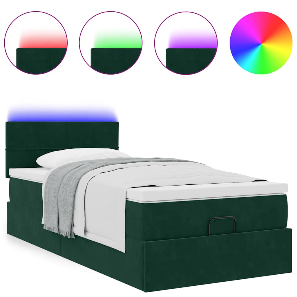 vidaXL Οθωμανικό κρεβάτι με στρώμα & LEDs Dark Green 90x200cm Velvet