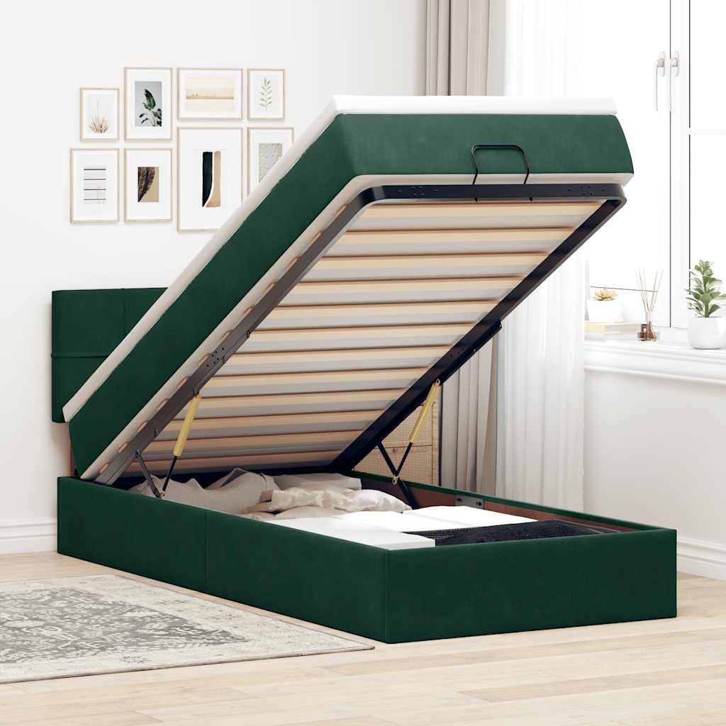 vidaXL Οθωμανικό κρεβάτι με στρώμα & LEDs Dark Green 90x200cm Velvet