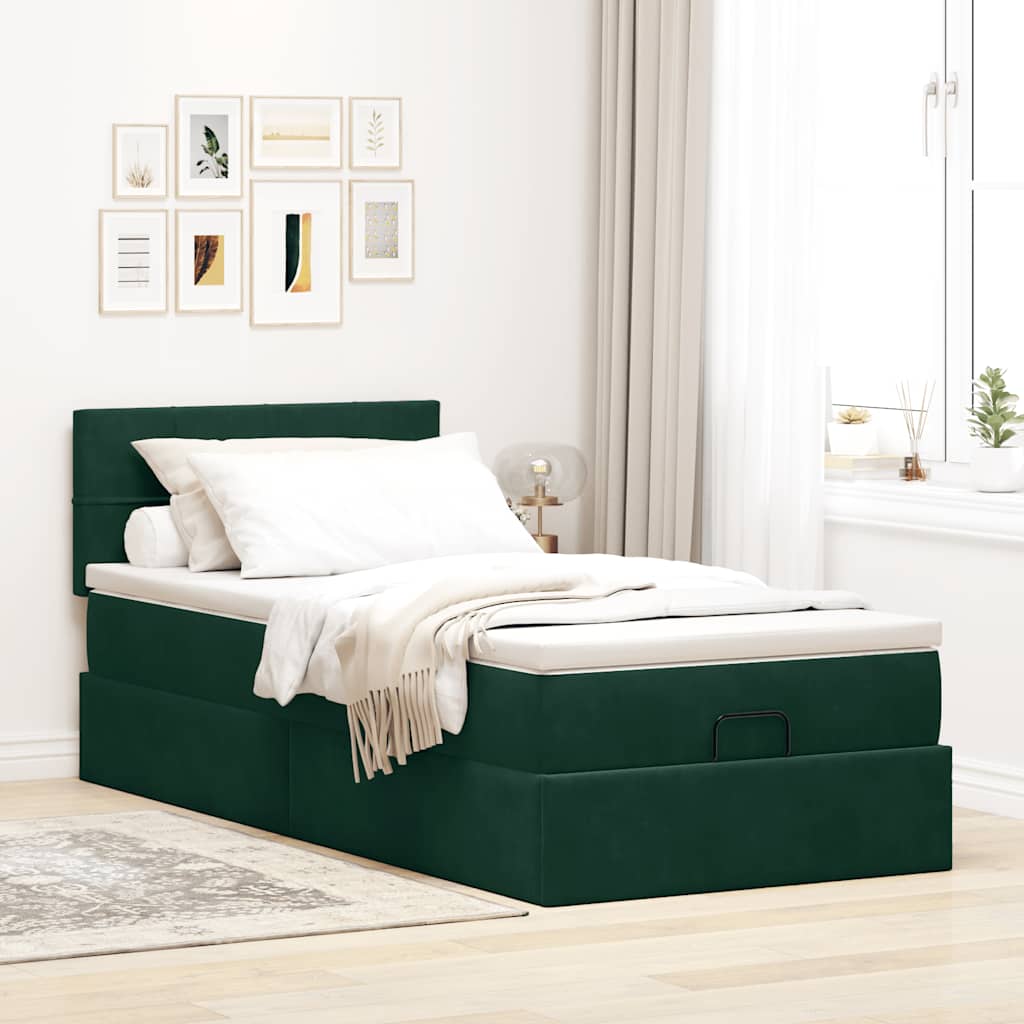 vidaXL Οθωμανικό κρεβάτι με στρώμα & LEDs Dark Green 100x200cm Velvet