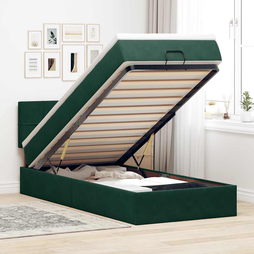vidaXL Οθωμανικό κρεβάτι με στρώμα & LEDs Dark Green 100x200cm Velvet