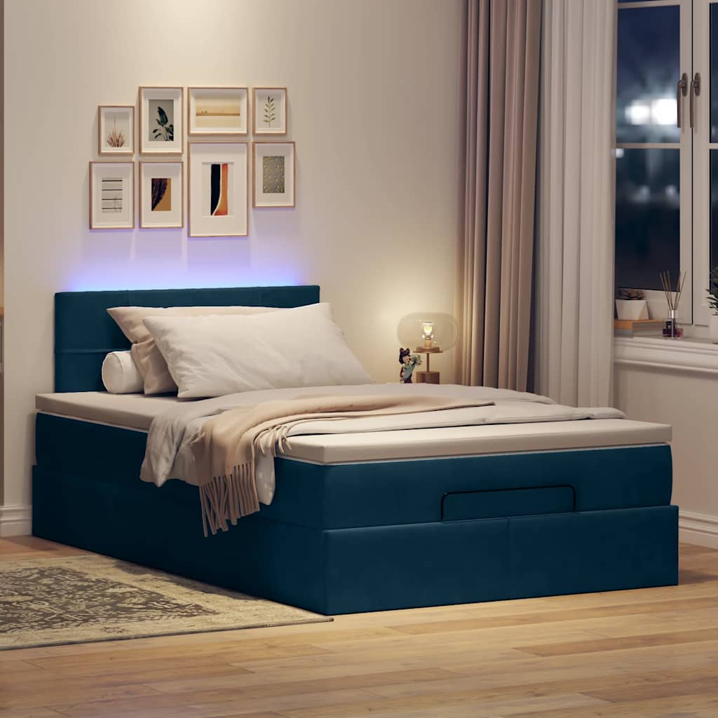 vidaXL Οθωμανικό κρεβάτι με στρώμα&LEDs Σκούρο μπλε 120x190cm Βελούδο