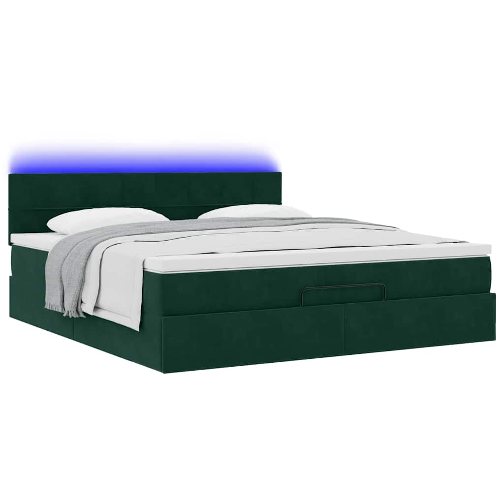 vidaXL Οθωμανικό κρεβάτι με στρώμα & LEDs Dark Green 160x200cm Velvet