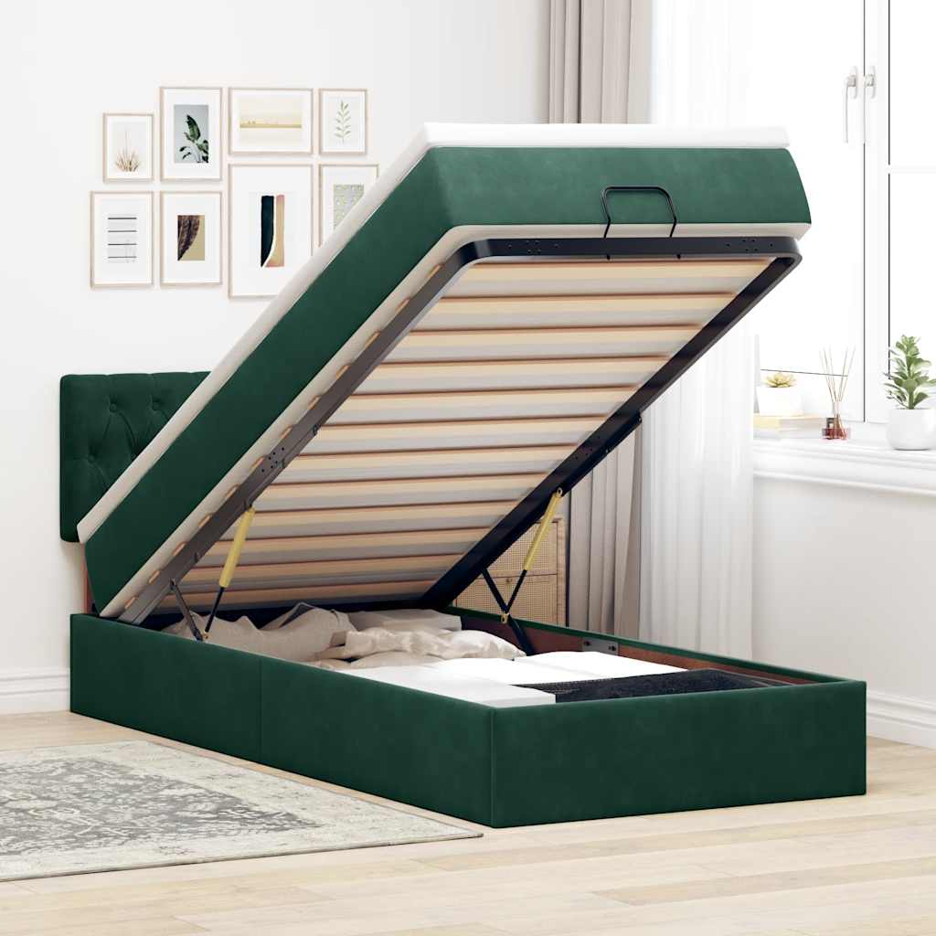 vidaXL Οθωμανικό κρεβάτι με στρώμα & LEDs Dark Green 90x190cm Velvet