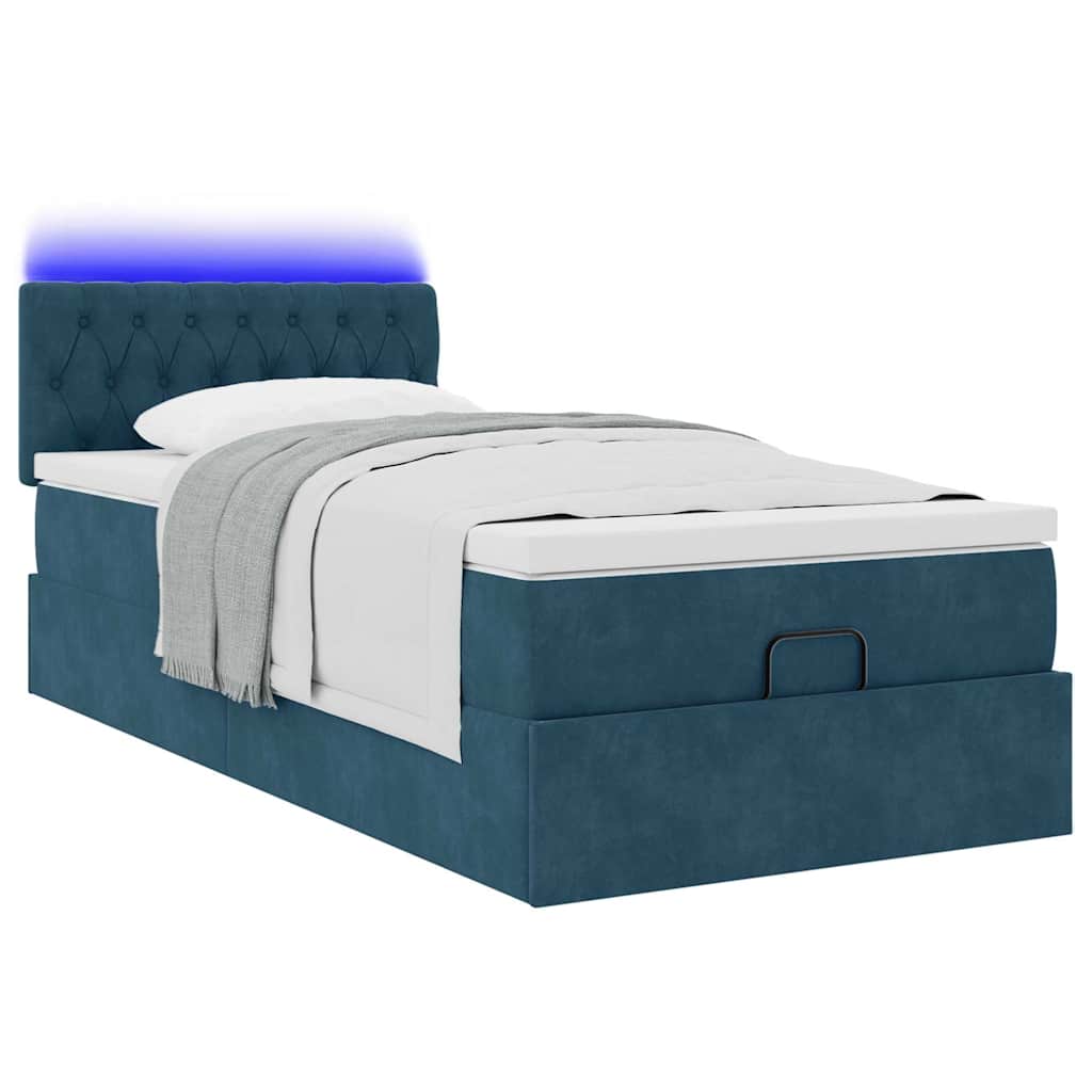 vidaXL Οθωμανικό κρεβάτι με στρώμα & LEDs Σκούρο μπλε 90x190cm Velvet