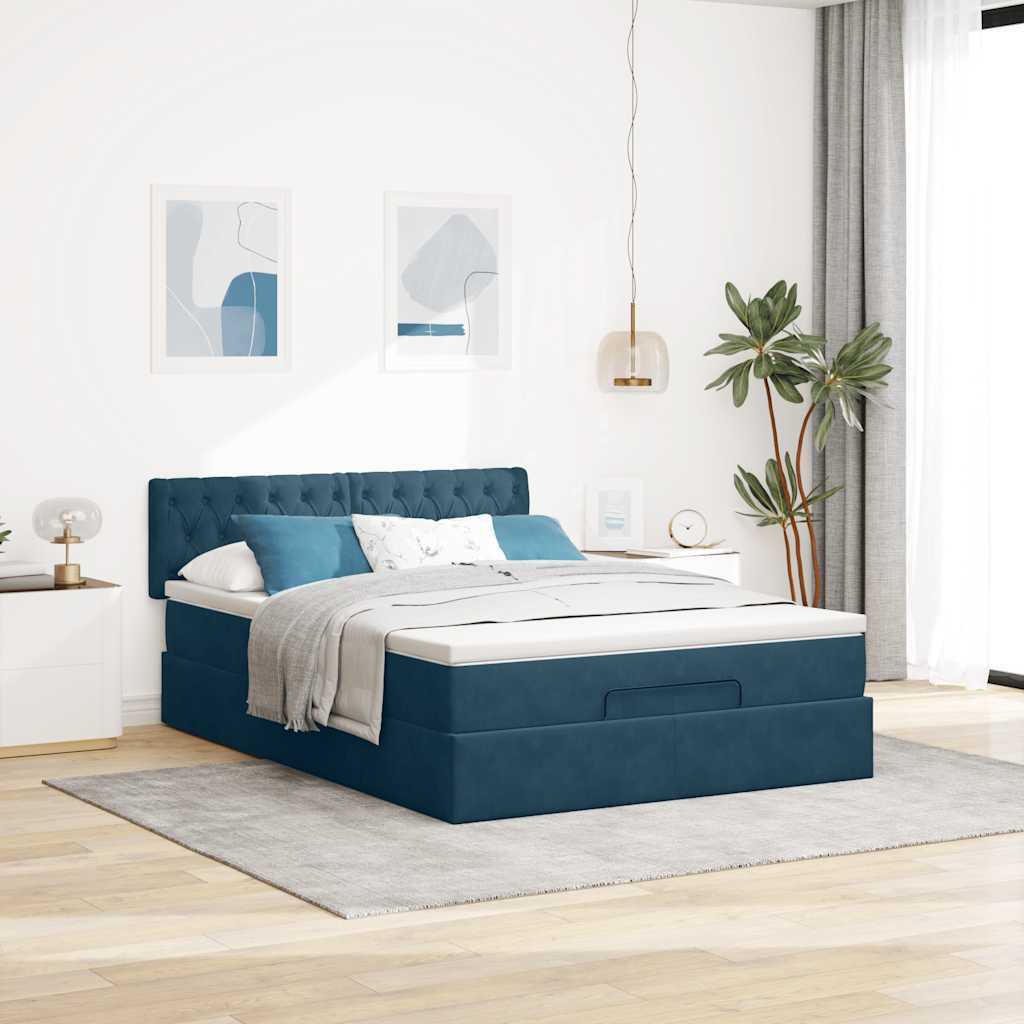 vidaXL Οθωμανικό κρεβάτι με στρώμα & LEDs Σκούρο μπλε 140x190cm Velvet