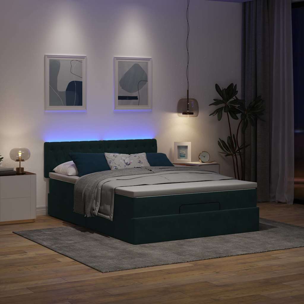vidaXL Οθωμανικό κρεβάτι με στρώμα & LEDs Σκούρο πράσινο Βελούδο