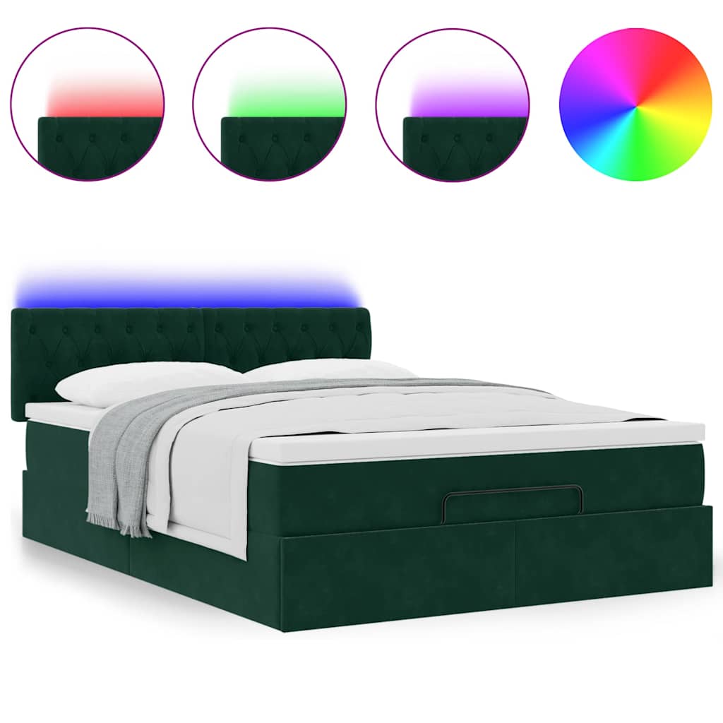 vidaXL Οθωμανικό κρεβάτι με στρώμα & LEDs Σκούρο πράσινο Βελούδο