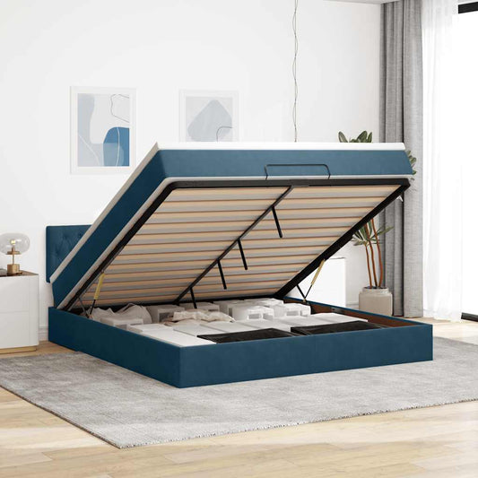 vidaXL Οθωμανικό κρεβάτι με στρώμα&LEDs Σκούρο μπλε 160x200cm Βελούδο