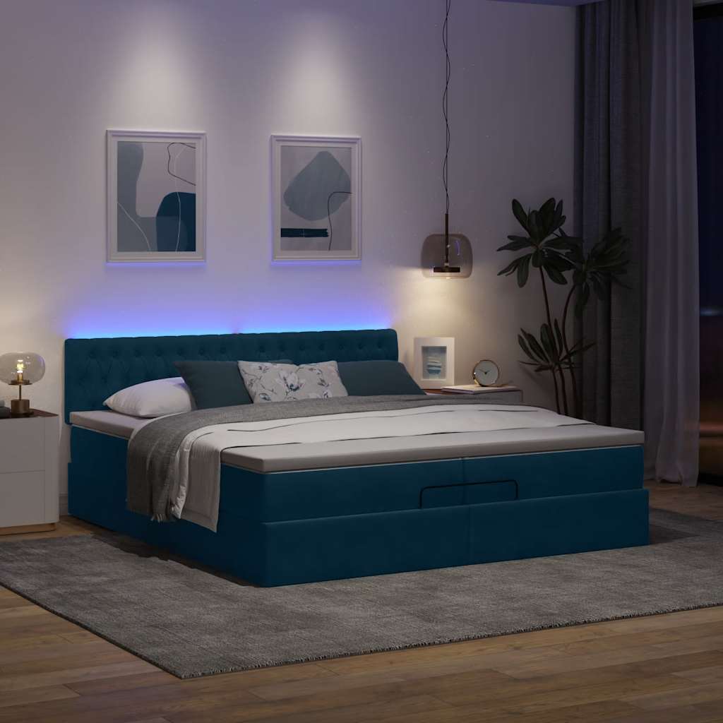 vidaXL Οθωμανικό κρεβάτι με στρώματα & LEDs Σκούρο μπλε Βελούδο