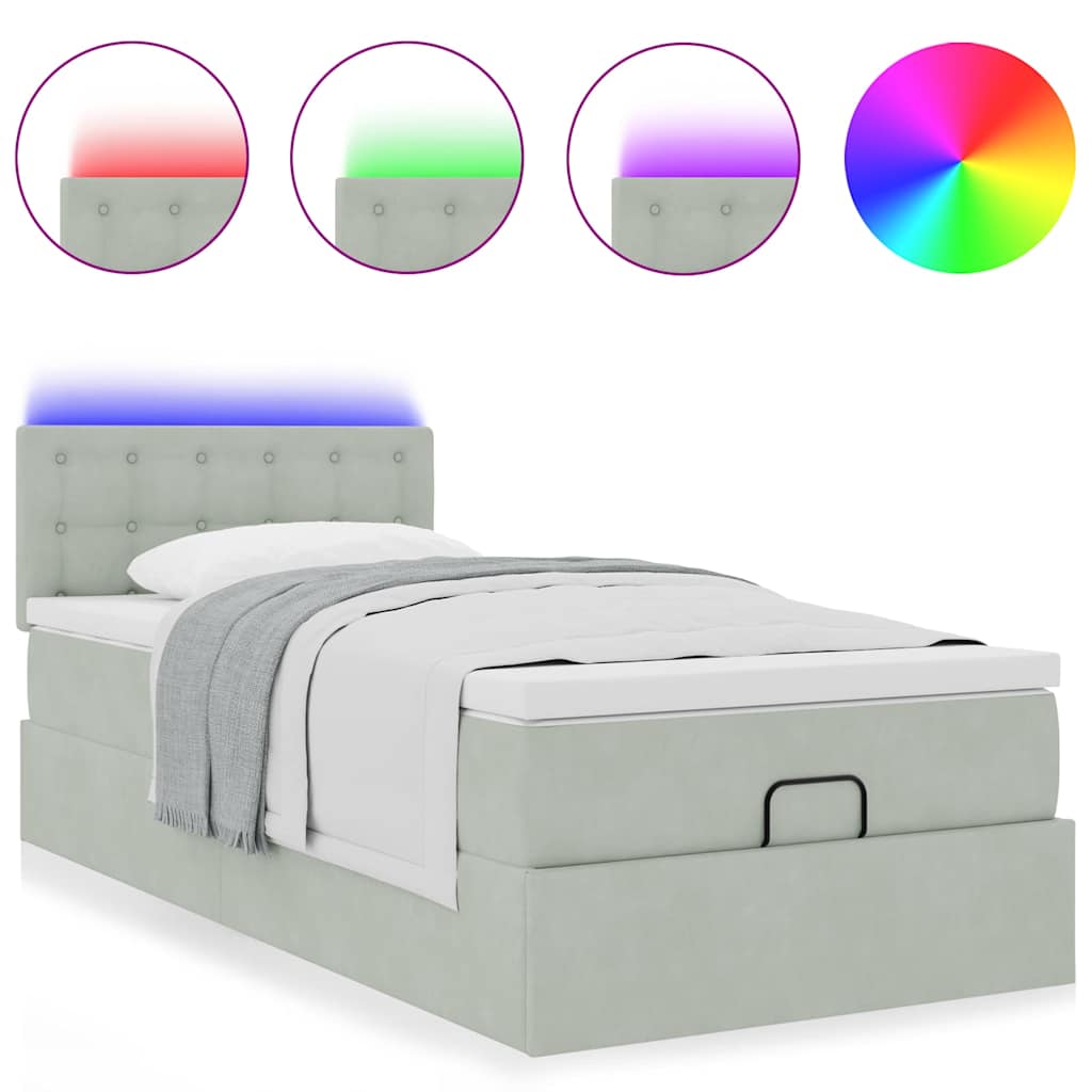 vidaXL Οθωμανικό κρεβάτι με στρώμα&LEDs Ανοιχτό γκρι 80x200cm Βελούδο