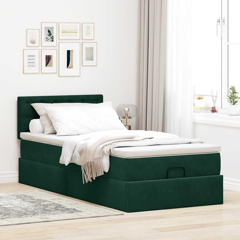 vidaXL Οθωμανικό κρεβάτι με στρώμα & LEDs Dark Green 80x200cm Velvet