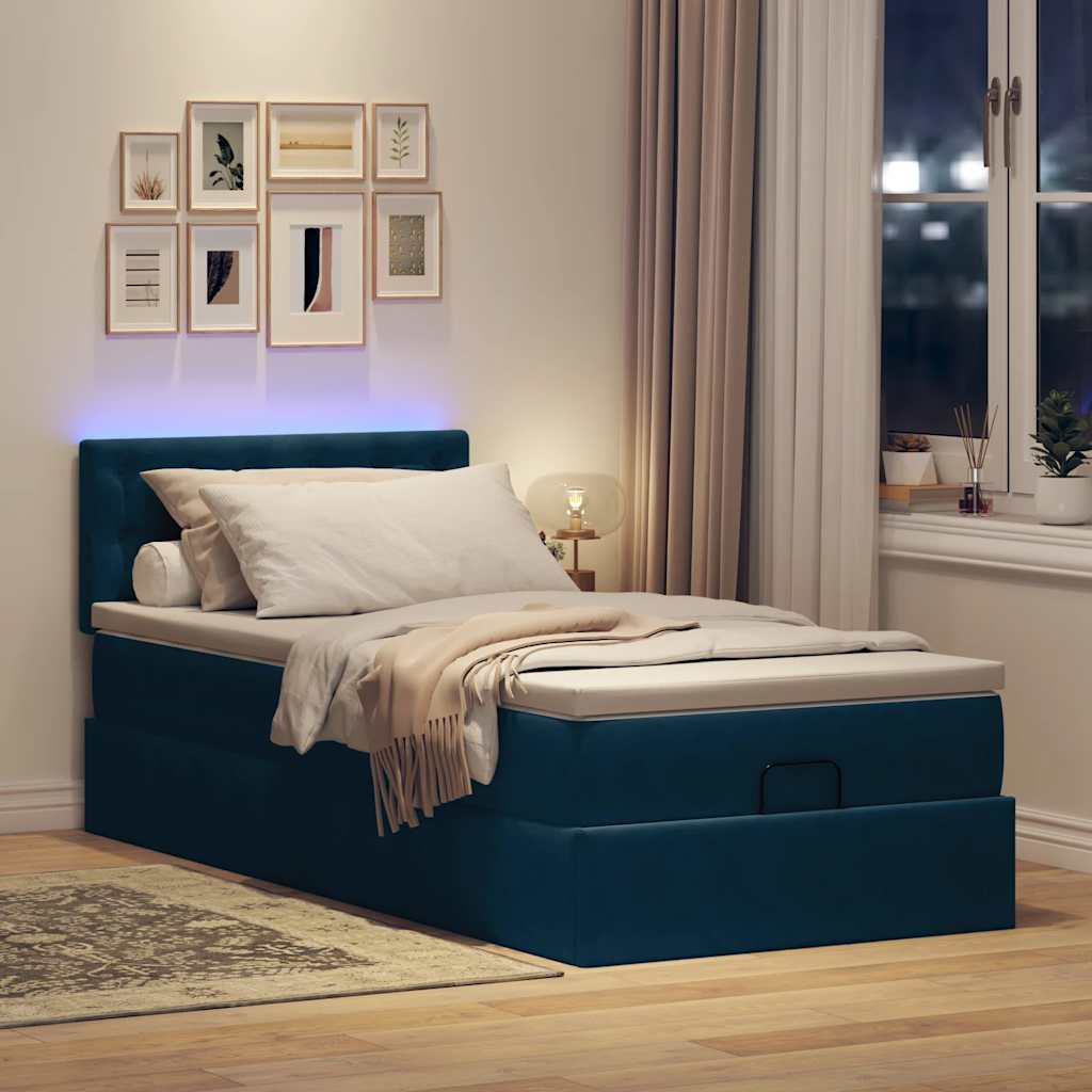 vidaXL Οθωμανικό κρεβάτι με στρώμα & LEDs Σκούρο μπλε 80x200cm Βελούδο